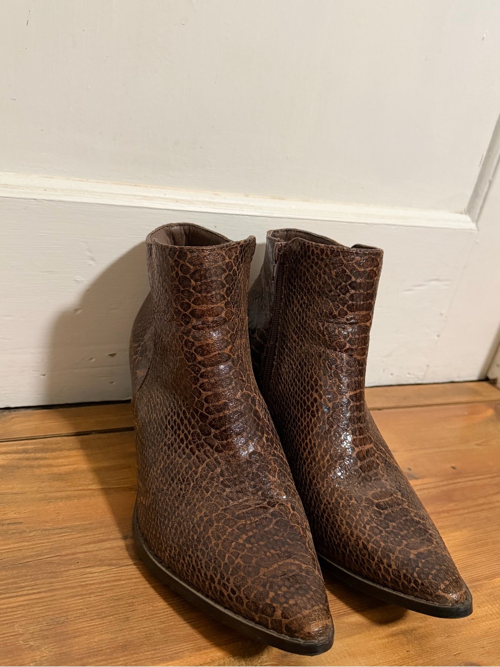 Coconuts by Matisse Brown Snakeskin-Textured Pointed Ankle Boots